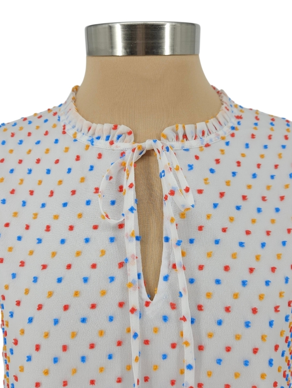 Draper James Shirt White Swiss Polka Dot Short Sleeve Ruffle Keyhole Neck Small - Picture 3 of 7